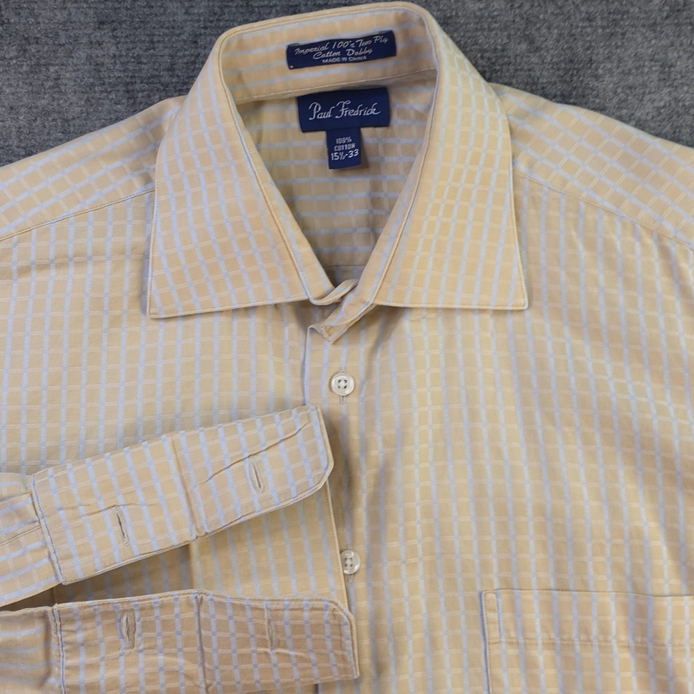 Paul Fredrick Dress Shirt 15.5 33 Beige/ Brown Check French Cuff